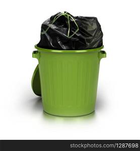 green garbage can over a white background with a plastic closed bag inside - studio shot plus 3d trash. green garbage can. white background