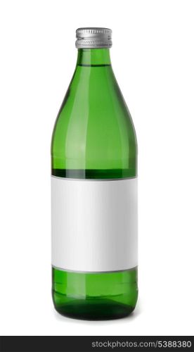 Green glass bottle of sparkling water isolated on white