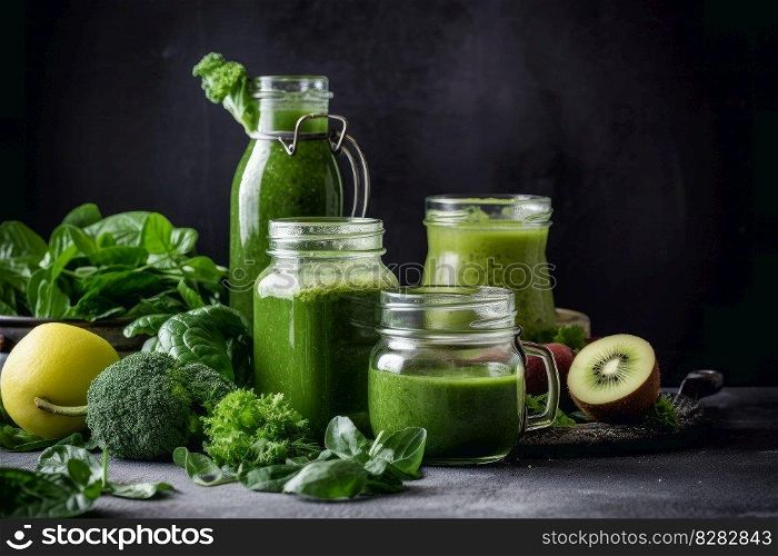 Green glass jar smoothie. Organic yogurt. Generate Ai. Green glass jar smoothie. Generate Ai