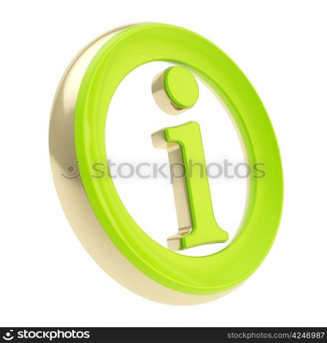 Green glossy info I letter in a golden circle as information emblem icon isolated on white
