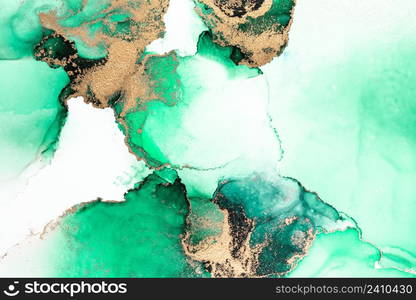 Green gold abstract background of marble liquid ink art painting on paper . Image of original artwork watercolor alcohol ink paint on high quality paper texture .. Green gold abstract background of marble liquid ink art painting on paper .