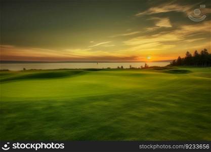 Green gold course sunset game. Sport landscape. Generate AI. Green gold course sunset game. Generate AI