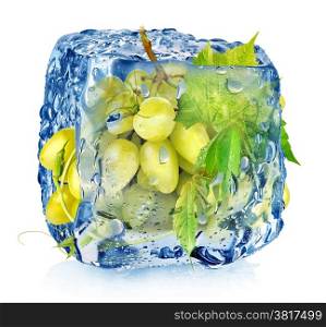 Green grape in ice cube isolated on white