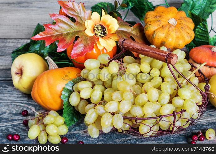 Green grapes in a basket and ripe apples, red cranberries, orange decorative pumpkin and squash with leaves on the wooden background