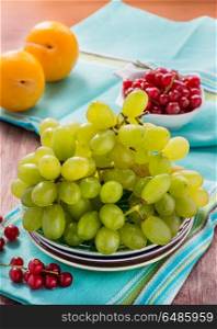 Green grapes, yellow plums and red currants,