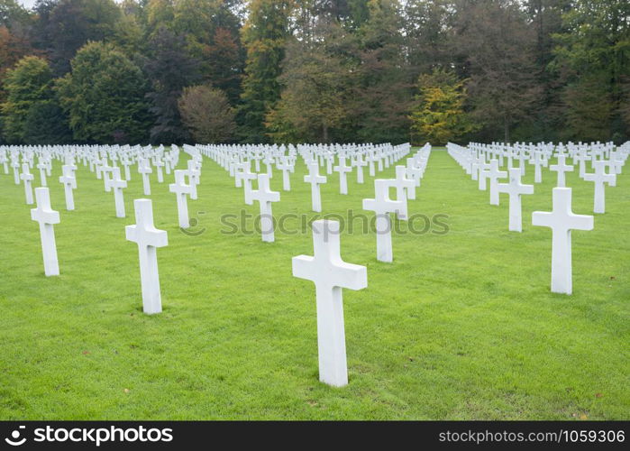 green grass and white crosses of luxembourg american cemetery and memorial