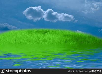 Green grass, blue dramatic sky and white clouds