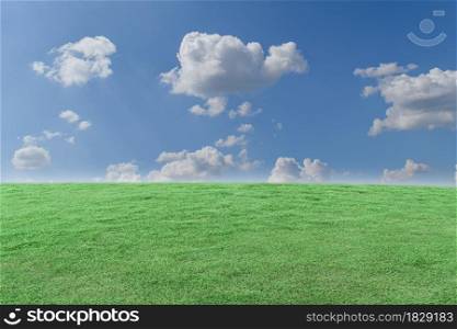 Green grass field and blue sky with white clouds. Beautiful natural meadow landscape