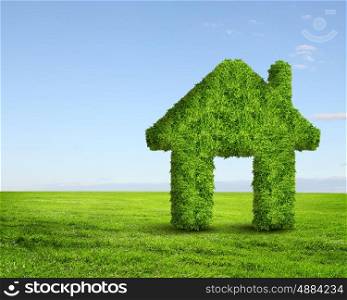 Green grass house symbol against blue sky