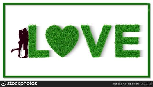 Green grass letter. I love you. L, Heart, V, E. Valentine's Day. Men and women stand together. Show love with each other. Isolated from white background Vector illustrations