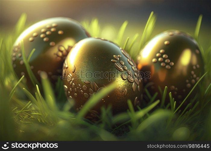 Green grass surface with easter eggs. Illustration Generative AI
