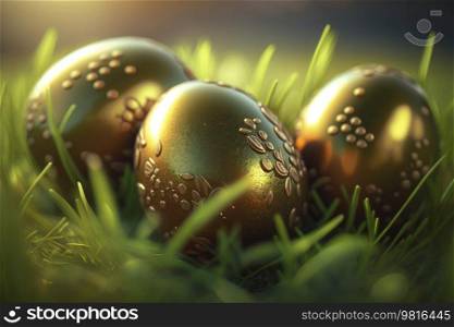 Green grass surface with easter eggs. Illustration Generative AI