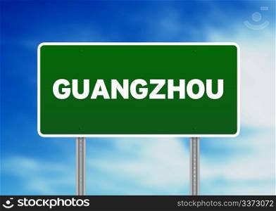 Green Guangzhou highway sign on Cloud Background.