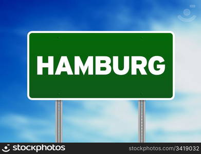 Green Hamburg highway sign on Cloud Background.