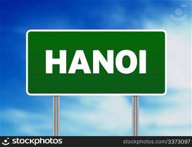 Green Hanoihighway sign on Cloud Background.