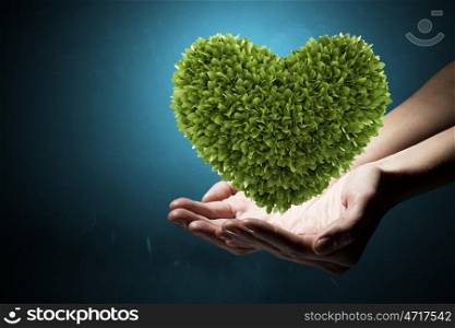 Green heart in hands. Green heart in human hands representing ecology and health concept