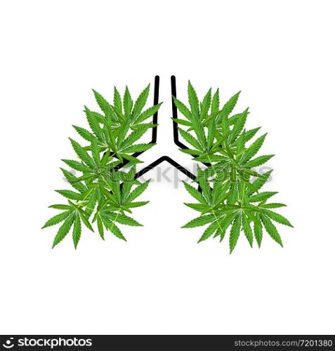 Green Hemp or cannabis leaves shaped in human lungs. Conceptual human lungs icon.. Green Hemp or cannabis leaves shaped in human lungs.