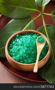 green herbal salt for healthy spa bath