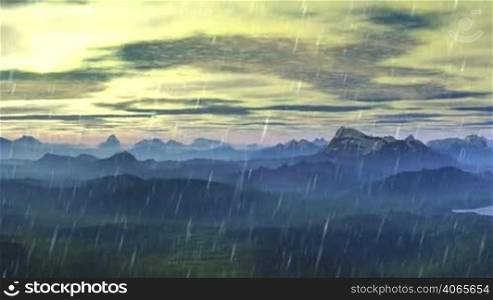 Green hills, lakes and low mountains with snowy peaks in the rain. Above them, the low clouds, the sun away. The camera slowly flying over the terrain and rises above the clouds. Above them, the sun is shining.