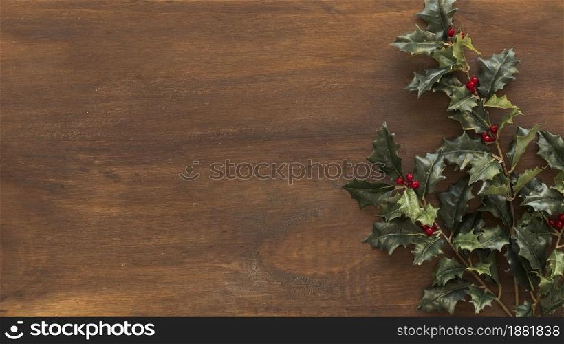 green holly branches brown table