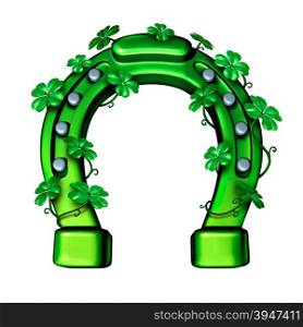 Green horseshoe as a lucky fortune symbol for saint patricks day or luck of the Irish icon wrapped with shamrock four leaf clover leaves.