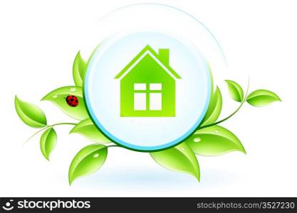 Green House Symbol with Leaves and Ladybird