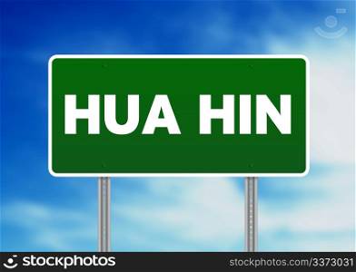 Green Hua Hin, Thailand road sign on Cloud Background.
