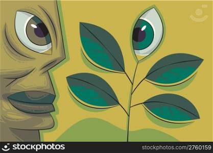 Green human face and plant with an eye looking at each other. Ecology concept