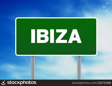 Green Ibiza highway sign on Cloud Background.