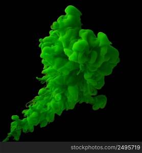 Green ink cloud in water isolated on black background