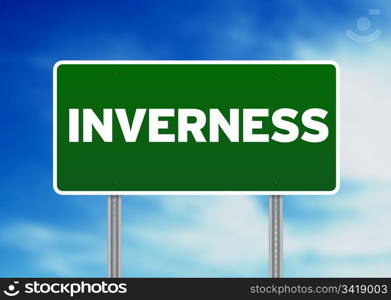 Green Inverness, England highway sign on Cloud Background.