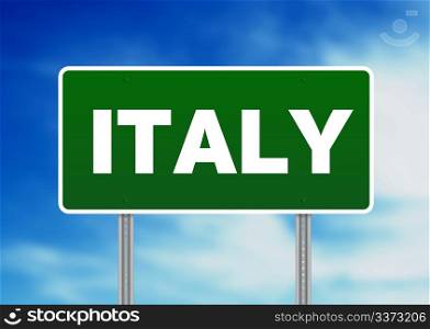 Green Italy highway sign on Cloud Background.