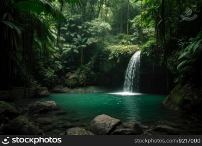 green jungle waterfall landscape generative ai.