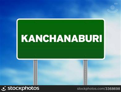 Green Kanchanaburi, Thailand road sign on Cloud Background.