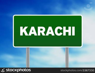 Green Karachi, Pakistan highway sign on Cloud Background.