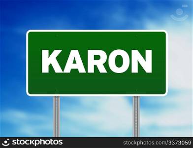 Green Karon, Thailand road sign on Cloud Background.