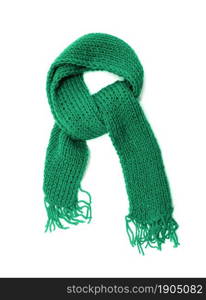 Green knitted scarf on a white background.