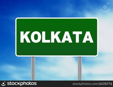 Green Kolkata raod sign on Cloud Background.