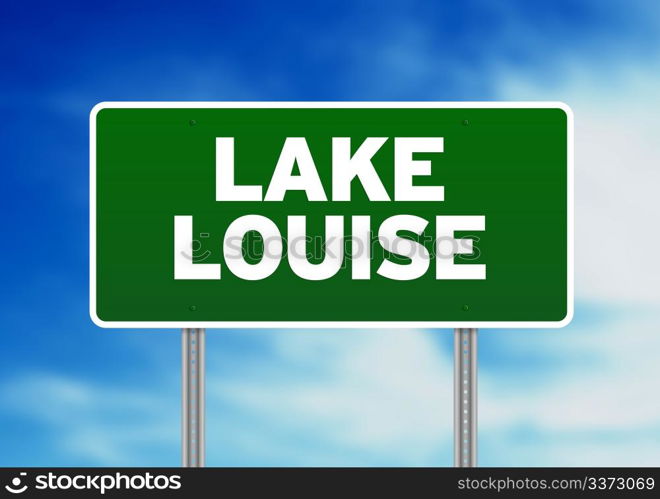 Green Lake Louise highway sign on Cloud Background.