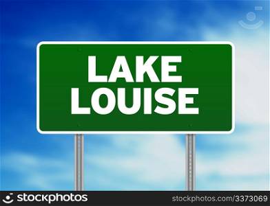 Green Lake Louise highway sign on Cloud Background.
