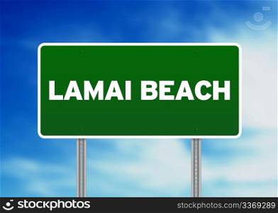 Green Lamai Beach, Thailand road sign on Cloud Background.