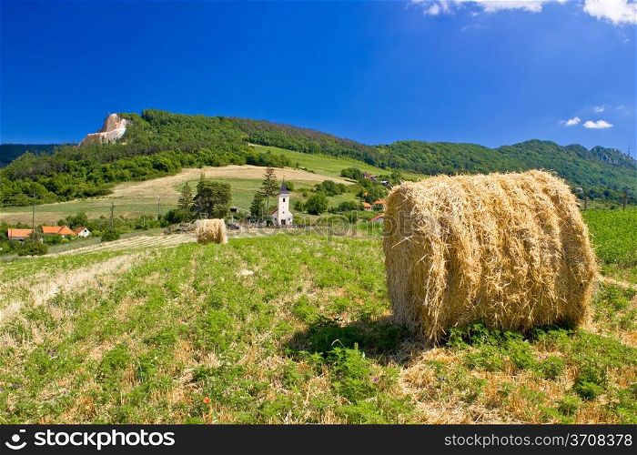 Green landscape, field and church, Kalnik mountain, Croatia