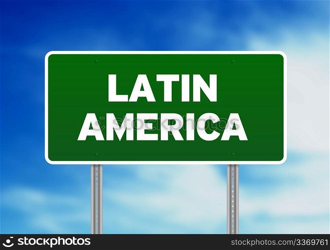 Green Latin America highway sign on Cloud Background.
