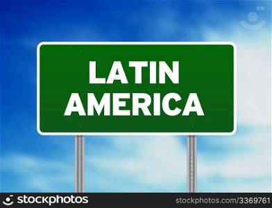 Green Latin America highway sign on Cloud Background.
