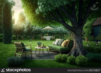 green lawn in garden with tree and furniture in bright cozy backyard, created with generative ai. green lawn in garden with tree and furniture in bright cozy backyard
