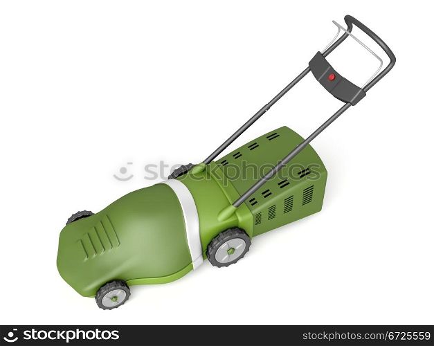 Green lawn mower on white background
