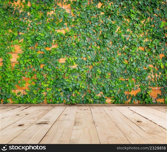 green leaf background and wood floor with space