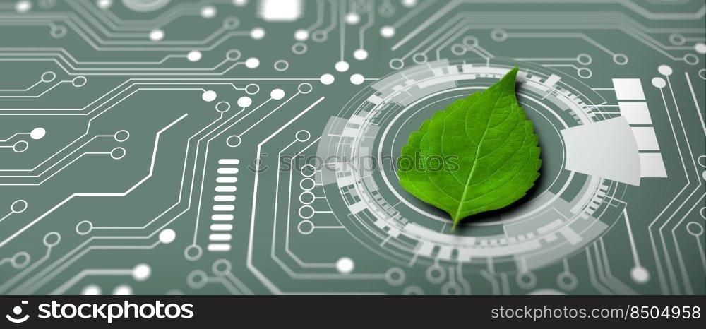 Green leaf on the converging point of computer circuit board. Nature with Digital Convergence and Technological Convergence. Green Computing, Green Technology, Green IT, csr, and IT ethics Concept.
