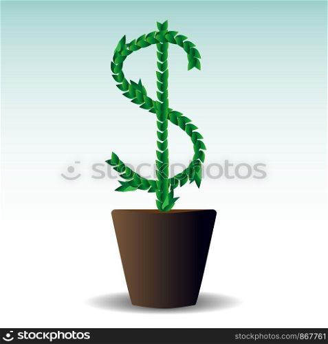 Green leaves are laid out in the form of an international graphic designation of the American dollar, trees growing in pots. Money, the concept of small investments bringing large incomes.. Green leaves are laid out in the form of an international graphic designation of the American dollar, trees growing in pots. Money, the concept of small investments bringing large incomes