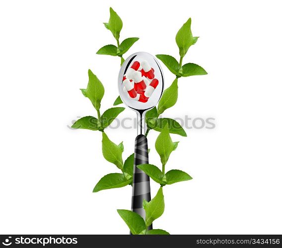 green leaves around spoon and pills isolated on white background.